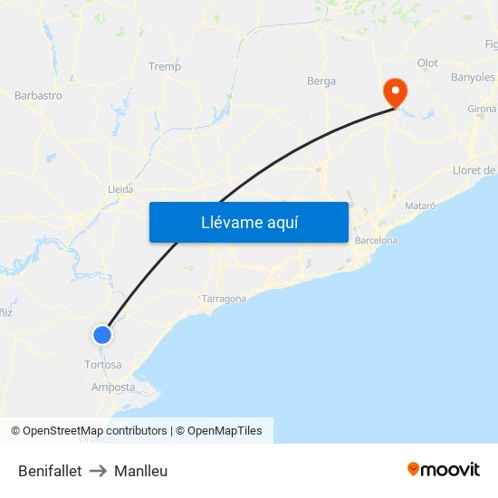 Benifallet to Manlleu map