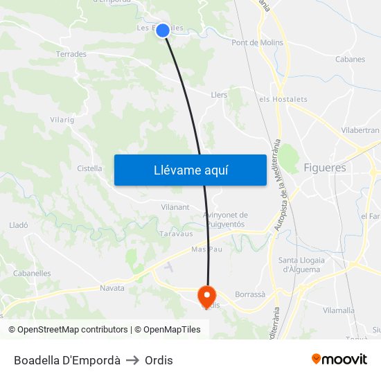 Boadella D'Empordà to Ordis map