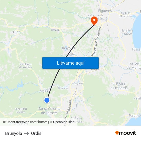 Brunyola to Ordis map