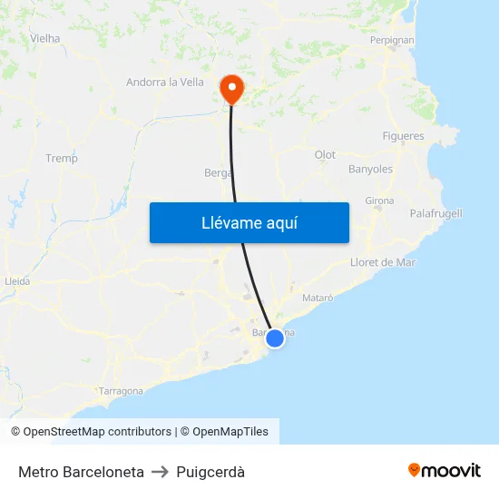 Metro Barceloneta to Puigcerdà map