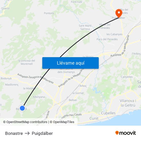 Bonastre to Puigdàlber map