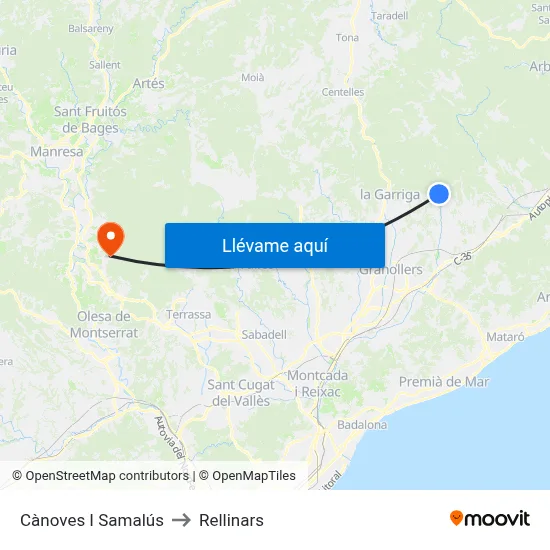 Cànoves I Samalús to Rellinars map