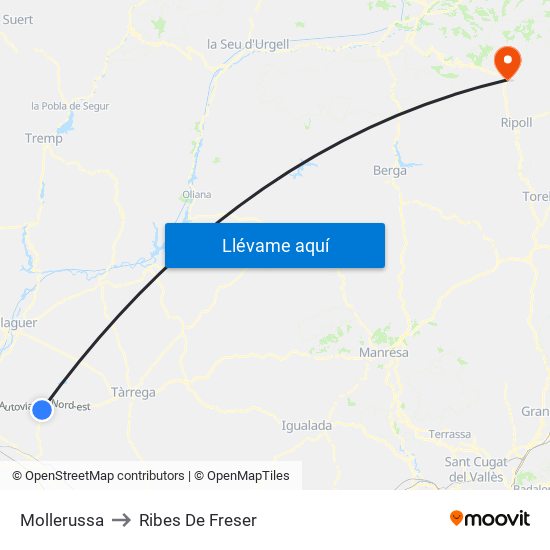 Mollerussa to Ribes De Freser map