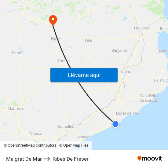 Malgrat De Mar to Ribes De Freser map