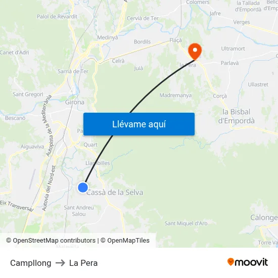 Campllong to La Pera map