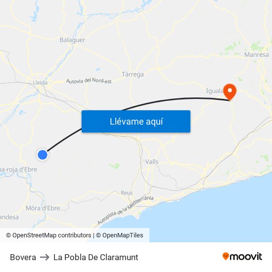 Bovera to La Pobla De Claramunt map