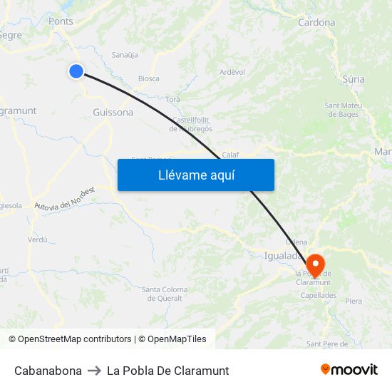 Cabanabona to La Pobla De Claramunt map
