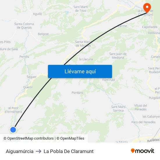 Aiguamúrcia to La Pobla De Claramunt map