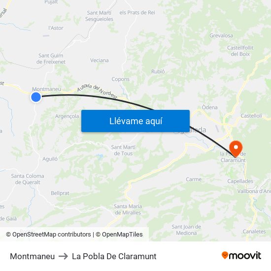 Montmaneu to La Pobla De Claramunt map