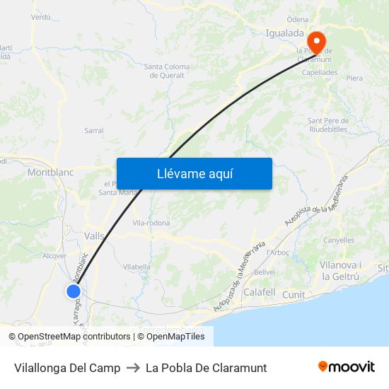 Vilallonga Del Camp to La Pobla De Claramunt map