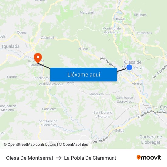 Olesa De Montserrat to La Pobla De Claramunt map