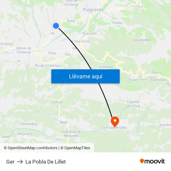 Ger to La Pobla De Lillet map