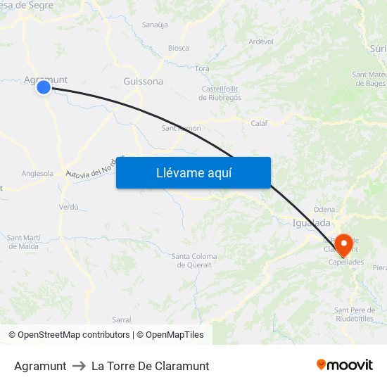 Agramunt to La Torre De Claramunt map