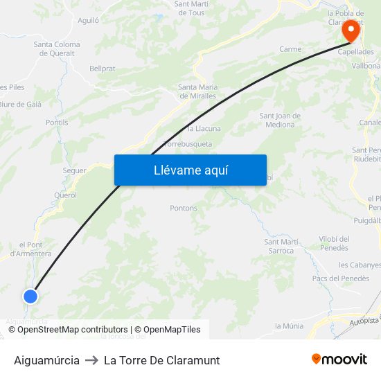 Aiguamúrcia to La Torre De Claramunt map