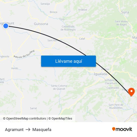 Agramunt to Masquefa map
