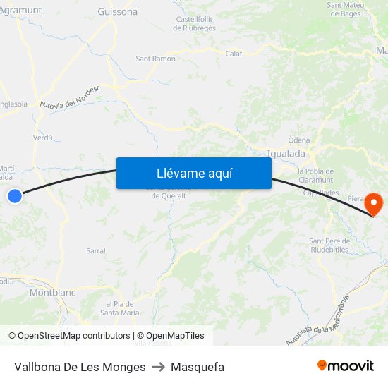 Vallbona De Les Monges to Masquefa map