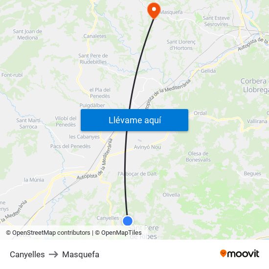 Canyelles to Masquefa map