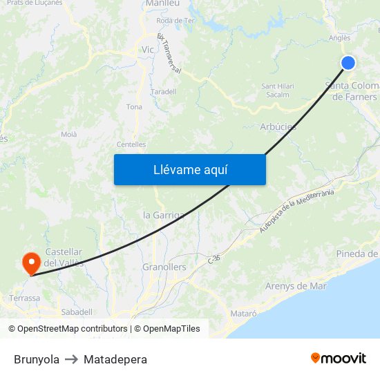 Brunyola to Matadepera map
