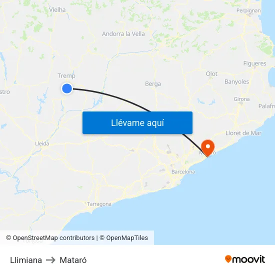 Llimiana to Mataró map