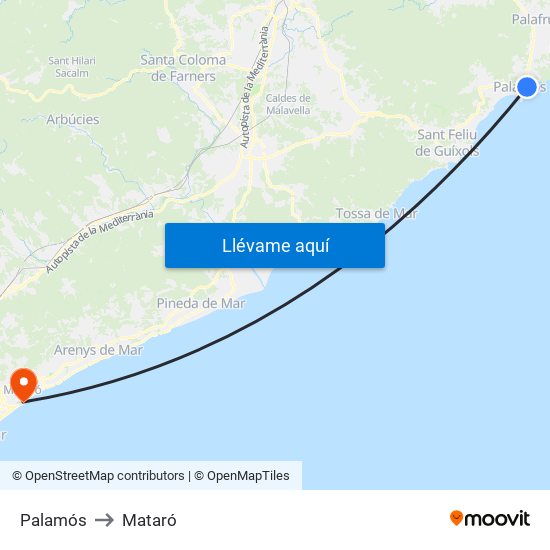Palamós to Mataró map