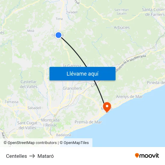 Centelles to Mataró map