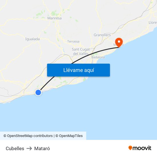 Cubelles to Mataró map