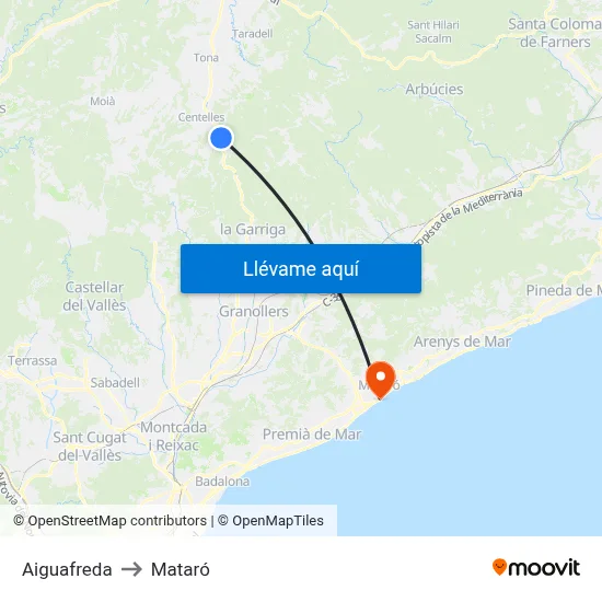 Aiguafreda to Mataró map