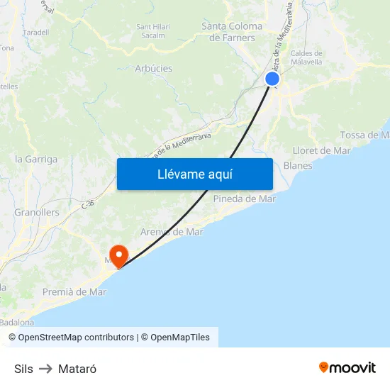 Sils to Mataró map