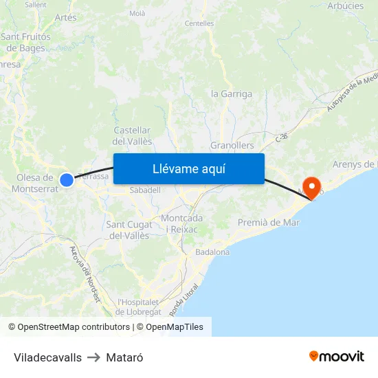 Viladecavalls to Mataró map