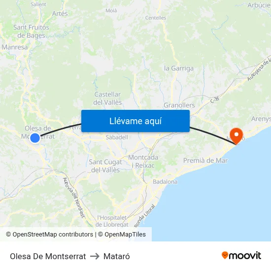Olesa De Montserrat to Mataró map