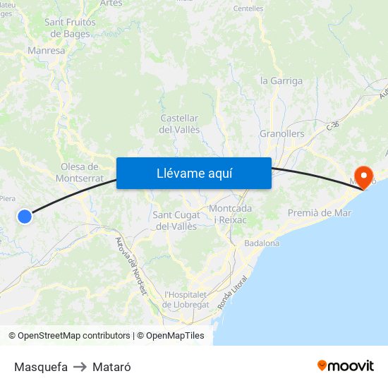 Masquefa to Mataró map