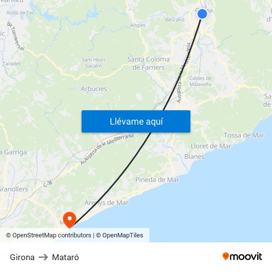 Girona to Mataró map