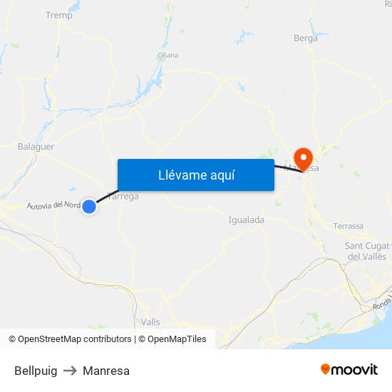 Bellpuig to Manresa map