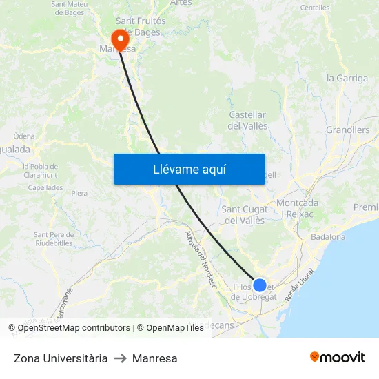 Zona Universitària to Manresa map
