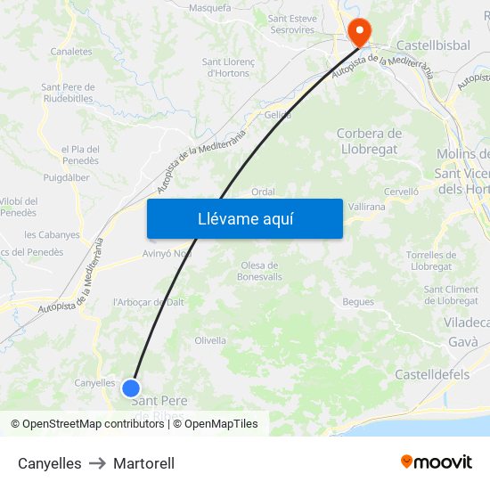 Canyelles to Martorell map