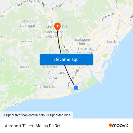 Aeroport T1 to Molins De Rei map