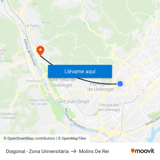 Diagonal - Zona Universitària to Molins De Rei map