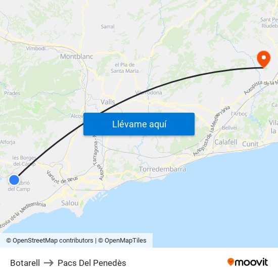Botarell to Pacs Del Penedès map