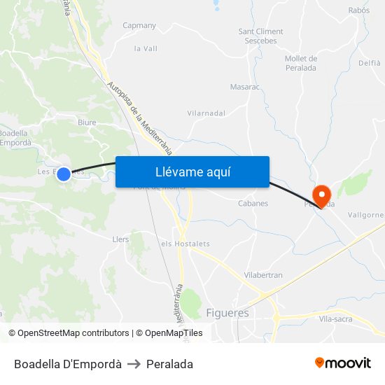 Boadella D'Empordà to Peralada map