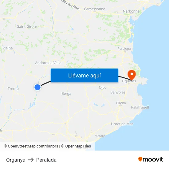 Organyà to Peralada map