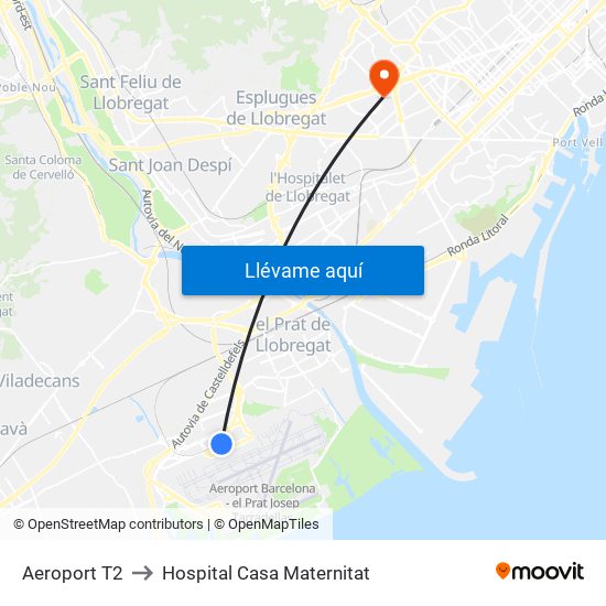 Aeroport T2 to Hospital Casa Maternitat map