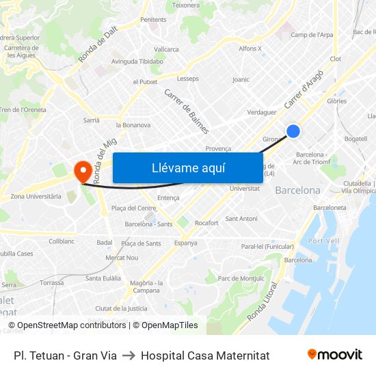 Pl. Tetuan - Gran Via to Hospital Casa Maternitat map