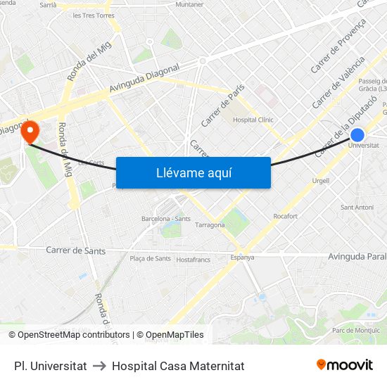 Pl. Universitat to Hospital Casa Maternitat map