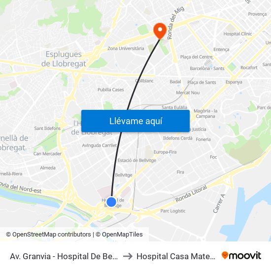 Av. Granvia - Hospital De Bellvitge to Hospital Casa Maternitat map