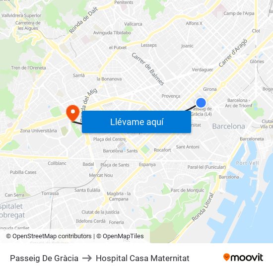 Passeig De Gràcia to Hospital Casa Maternitat map