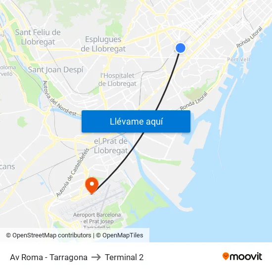 Av Roma - Tarragona to Terminal 2 map