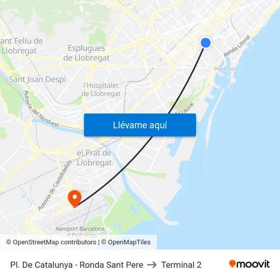Pl. De Catalunya - Ronda Sant Pere to Terminal 2 map