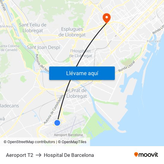 Aeroport T2 to Hospital De Barcelona map