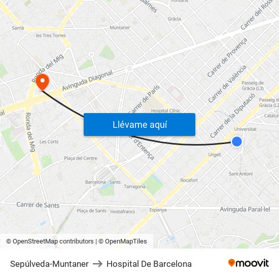 Sepúlveda-Muntaner to Hospital De Barcelona map