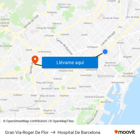 Gran Via-Roger De Flor to Hospital De Barcelona map